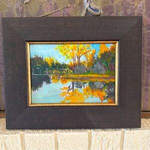 Oil painting landscape reflections autumn sunrise Willow Park golf course 2015